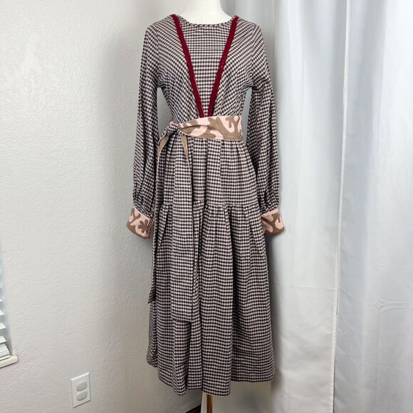 Rujuta Sheth Dress Womens XS Libby Midi Neural Chex Cottagecore Prairie Boho - Picture 1 of 16